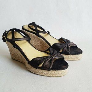 J. Crew Italy Open Toe Black Gold Metallic Espadrille Wedge Slip on Heels 9